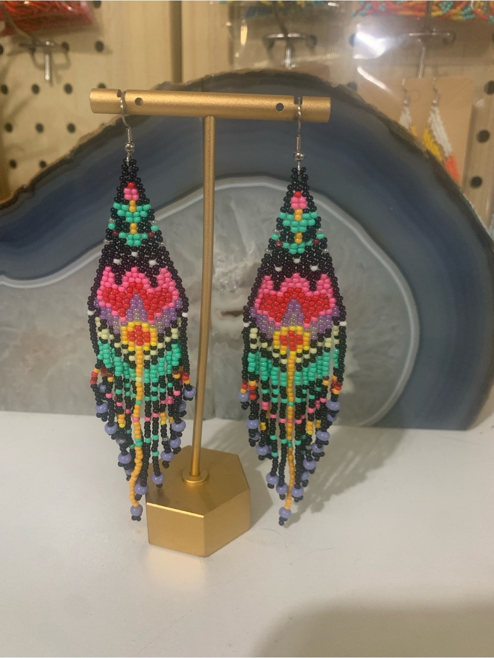 Vibrant Multicolor Beaded Fringe Earrings - Pink & Turquoise Floral Design